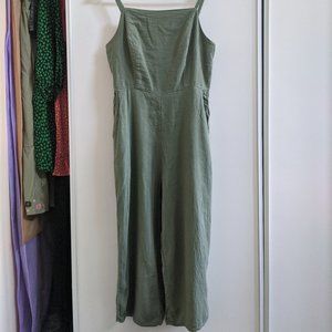 Army-green linen wide-leg ankle length jumpsuit